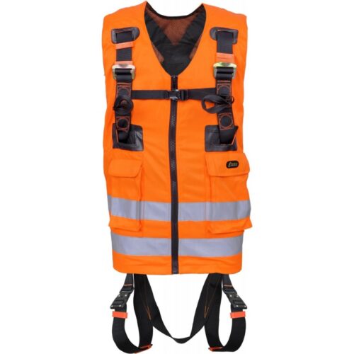 REFLEX 2, ZWEIPUNKTAUFFANGGURT MIT HOCHSICHTBARER ORANGEFARBENER ARBEITSWESTE MIT MEHREREN TASCHEN